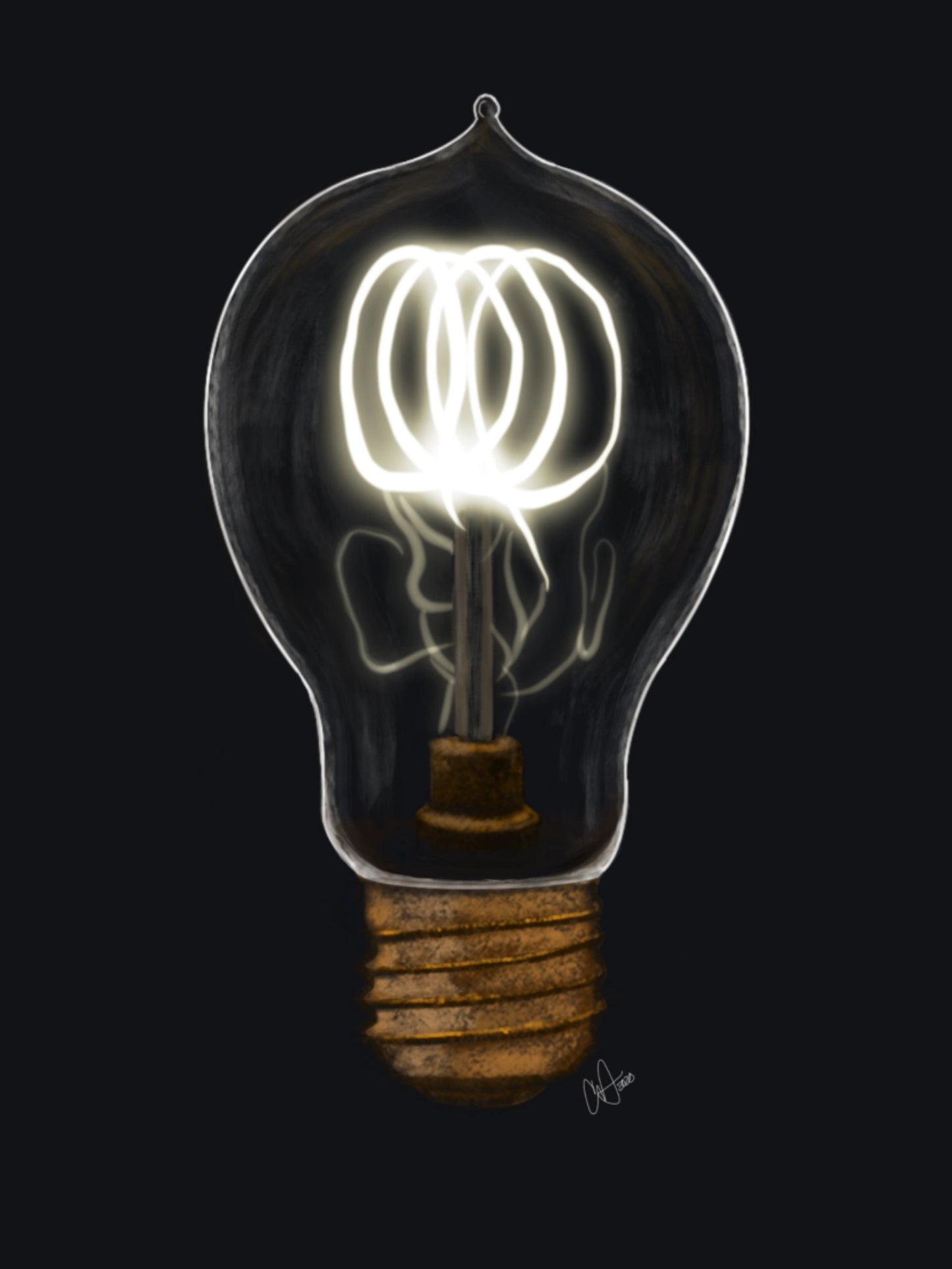The digital painting titled "Edison Bulb" by Claire Davis, offered by InkBird Print Studio LLC, illustrates a glowing and intricate filament against a dark background. The base of the bulb stands out prominently, with Claire Davis's signature subtly placed at the bottom.