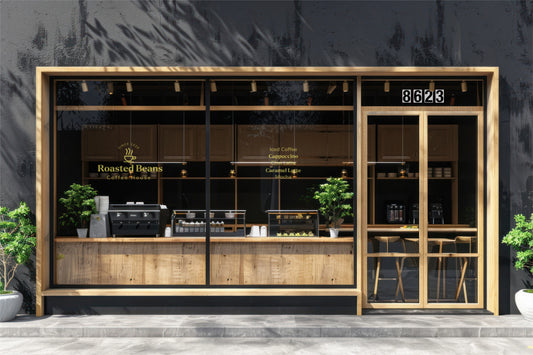 Roasted Beans Coffee House vinyl window decal, white adhesive, clear lettering, fits glass storefronts; number 8623 above door.