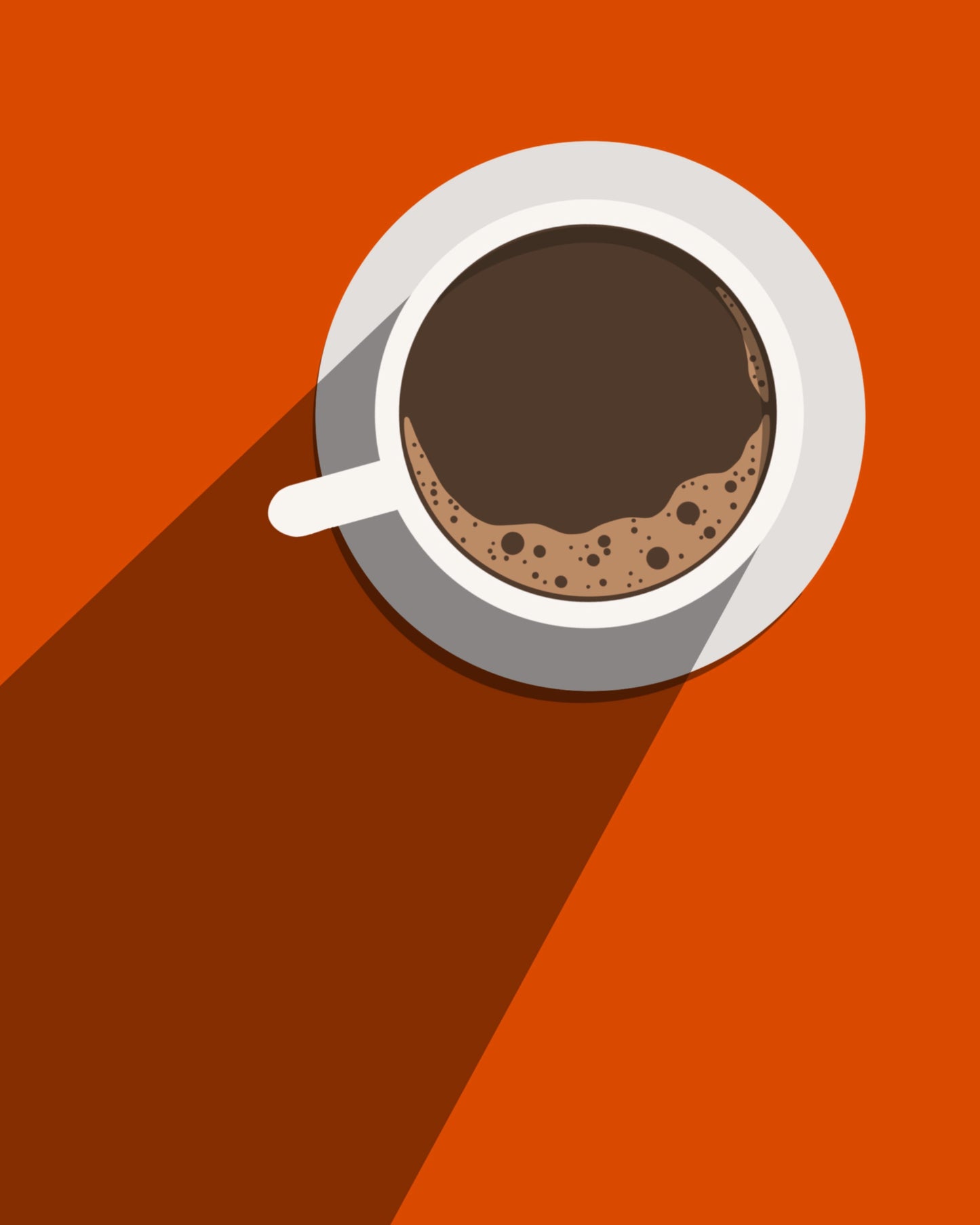 A digital painting titled "Coffee in Red/Orange" by Claire Davis, available from InkBird Print Studio LLC, features a coffee cup filled with dark coffee on a white saucer set against an orange background. The artwork beautifully captures the coffee casting a long shadow from the bottom left to the center of the image.
