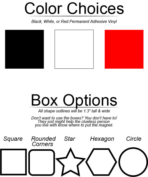 An image highlighting the color options and box choices for the InkBird Print Studio LLC's Clean/Dirty Dishwasher Vinyl Cut Decal, featuring colors in black, white, and red. The available box shapes include square, rounded corners, star, hexagon, and circle—all outlined and measuring 1.3 inches—perfect for creating a dishwasher decal or an eye-catching chore reminder.