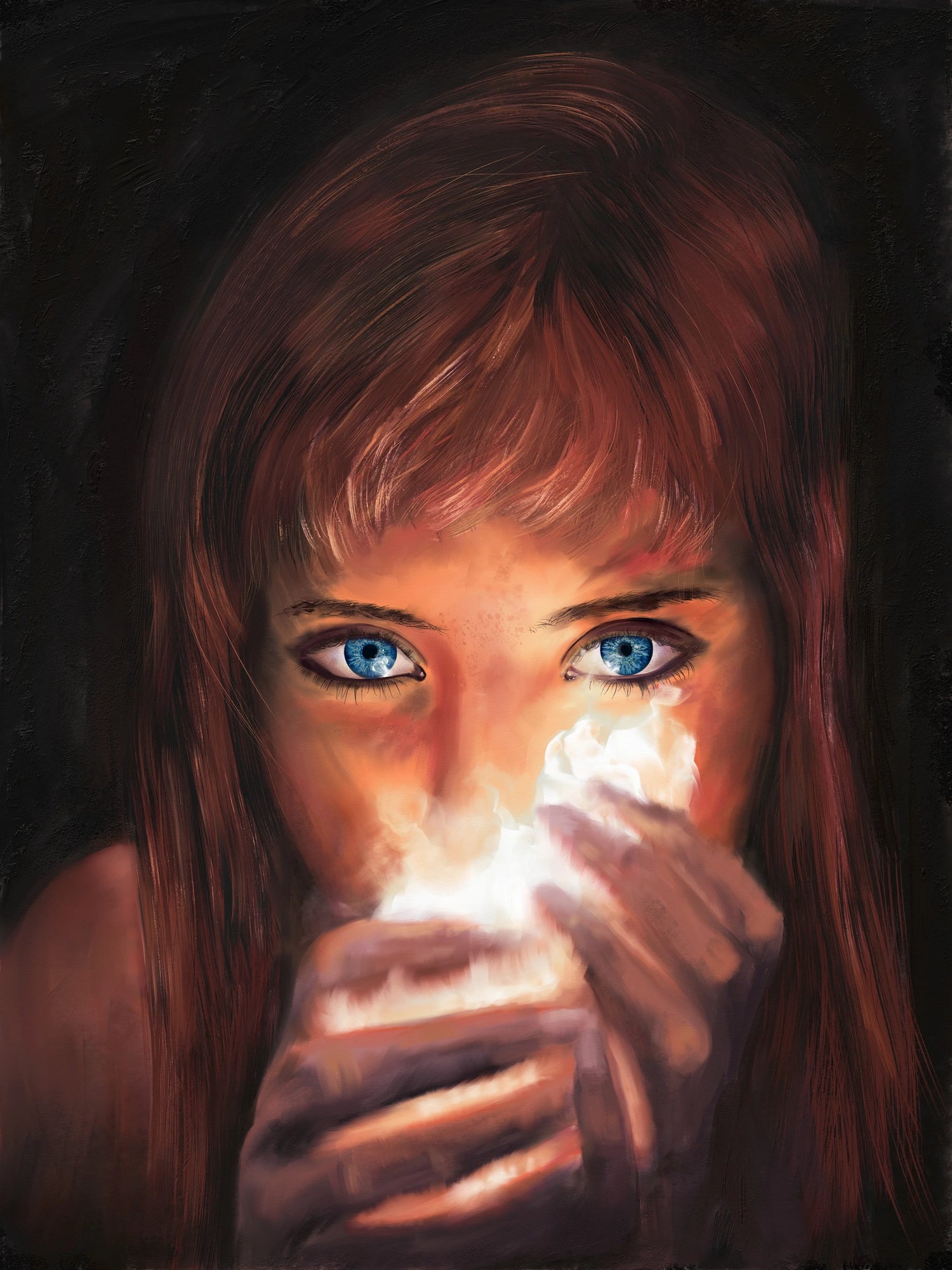 Ignite vinyl art print by Chris Luberger features a blue-eyed girl with glowing cloth on a dark background; ideal wall decor.