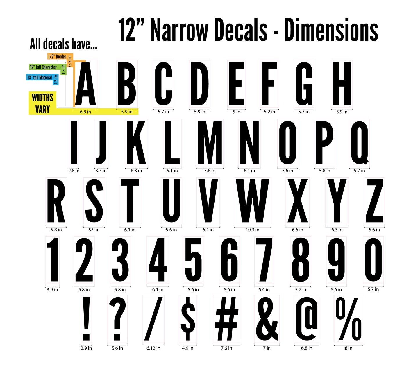 An image showing each available character and the varying widths. All decals in this listing are 13" tall with a 12" tall character/letter/number and a 1/2 inch border around the printed character. 

Measure your space first. If you are visually impaired and need help placing a custom order, please contact us with the dimensions of your space via email and we'll be happy to put a custom listing together for you: Hello@inkbirdprintstudio.com