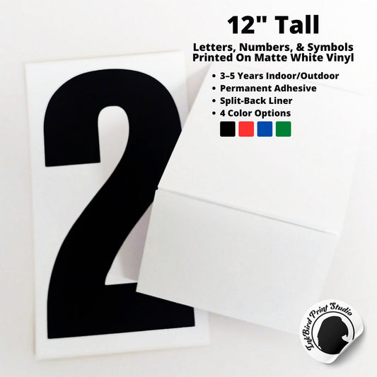 a black number 2 printed on matte white vinyl, next to another decal seen from the back, showing the split back liner. 

Printed text is 12 inches tall, letters numbers and symbols printed on matte white vinyl that is 13" tall (1/2" on all sides between the printed text and the edge of the decal)

3–5 Years Indoor/Outdoor
Permanent Adhesive
Split-Back Liner
4 Color Options (black, red, blue, green)

The InkBird Print Studio logo is shown on the bottom right as a peeling sticker image.