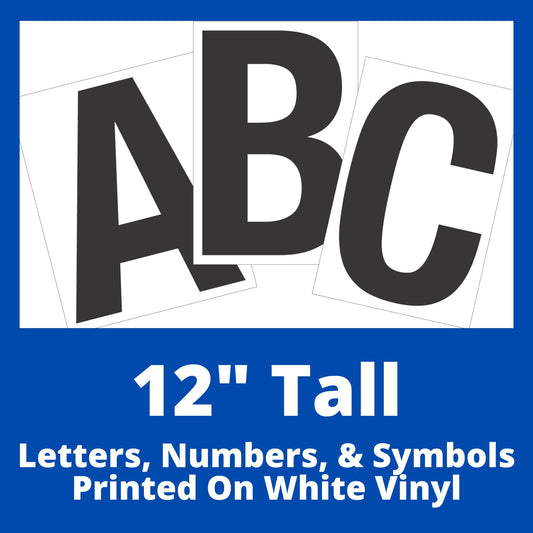 Photo of a set of 12 inch tall rectangular decals with the letters A B C as a sample, showcasing a clean, modern font. The decals are white with printed black letters on them, arranged in a fan-like layout.