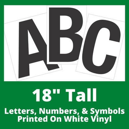 Photo of a set of 18 inch tall rectangular decals with the letters A B C as a sample, showcasing a clean, modern font. The decals are white with printed black letters on them, arranged in a fan-like layout.