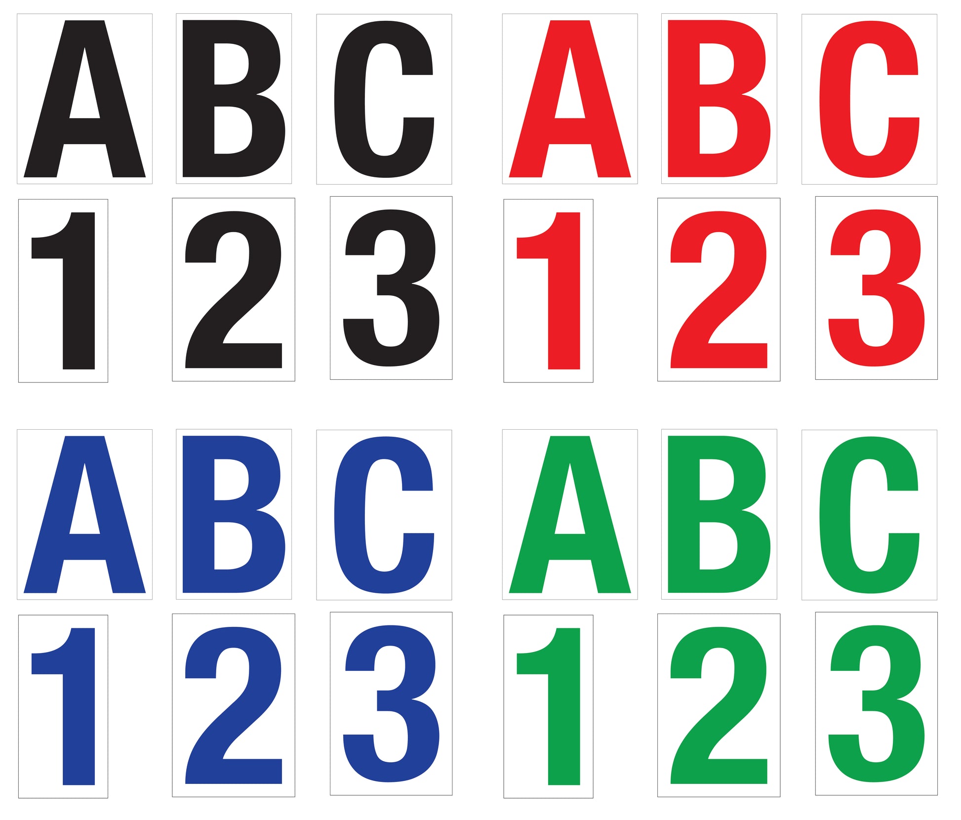 Custom vinyl decals showing ABC 123 in black, red, blue, and green on a white background, available in multiple sizes. Colors may vary between monitors and actual printed color. 