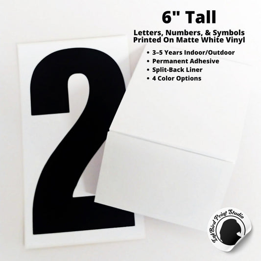 a black number 2 printed on matte white vinyl, next to another decal seen from the back, showing the split back liner. 

Text says 6 inches tall, letters numbers and symbols printed on matte white vinyl

3–5 Years Indoor/Outdoor
Permanent Adhesive
Split-Back Liner
4 Color Options

The inkbird print studio logo is shown on the bottom right as a peeling sticker style image.
