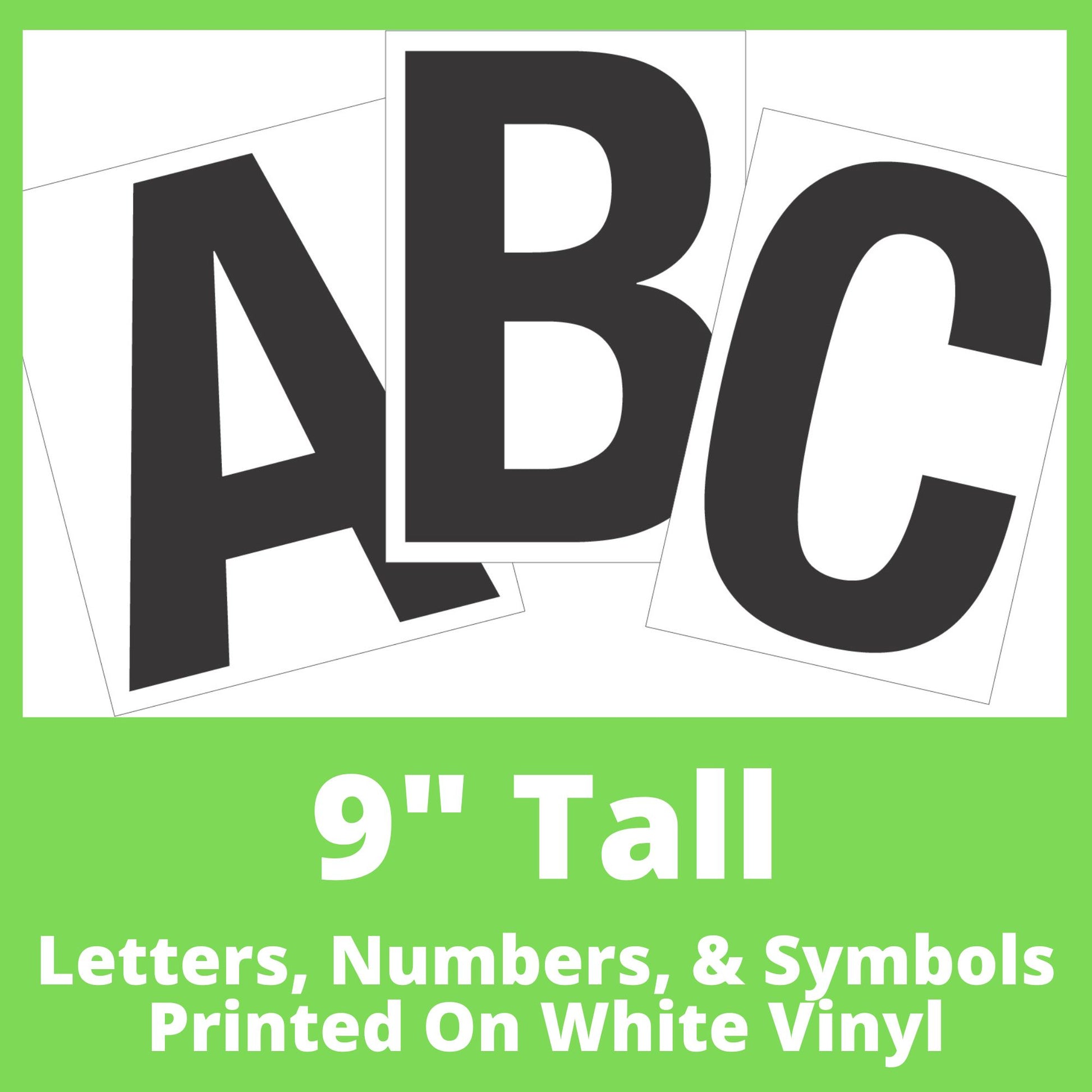 Photo of a set of 9 inch tall rectangular decals with the letters A B C as a sample, showcasing a clean, modern font. The decals are white with printed black letters on them, arranged in a fan-like layout.