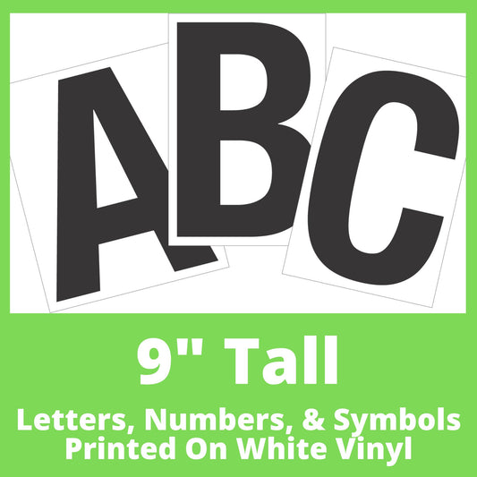 Photo of a set of 9 inch tall rectangular decals with the letters A B C as a sample, showcasing a clean, modern font. The decals are white with printed black letters on them, arranged in a fan-like layout.