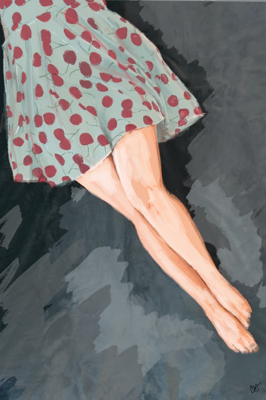 The digital painting titled "Cherry Legs" by Claire Davis, available from InkBird Print Studio LLC, showcases a person in a green dress with red polka dots, lounging on their back with legs gracefully crossed at the ankles. The vibrant outfit is further highlighted by the dark, textured background.