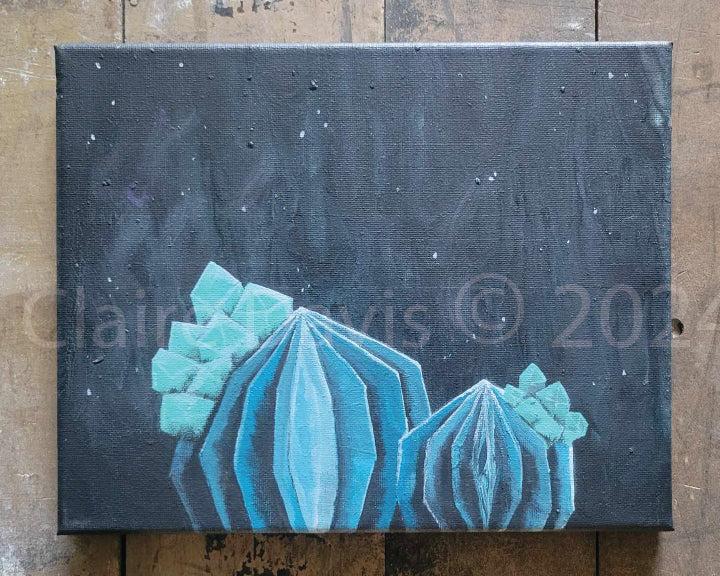 The "Crystal Cacti III" by Claire Davis, an 8"x10" acrylic painting from InkBird Print Studio LLC, showcases abstract crystal shapes resembling flowers contrasted dramatically against a dark background, highlighting the vibrant colors in a night-like setting.