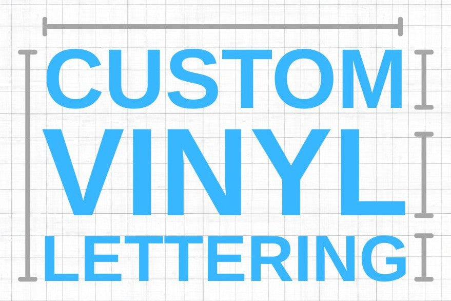 Text 'CUSTOM VINYL LETTERING' on a grid background