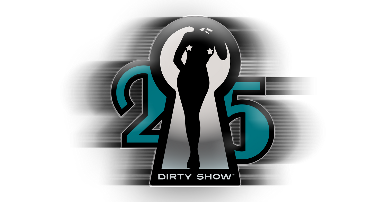 Vinyl sticker features silhouette of nude woman behind a keyhole, teal 25, and “Dirty Show” logo for 25th anniversary event.
