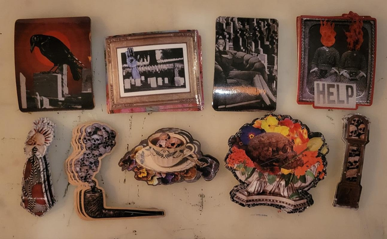 Collection of various decorative stickers on a white surface. Stickers made from photographed collage art by David Prescott