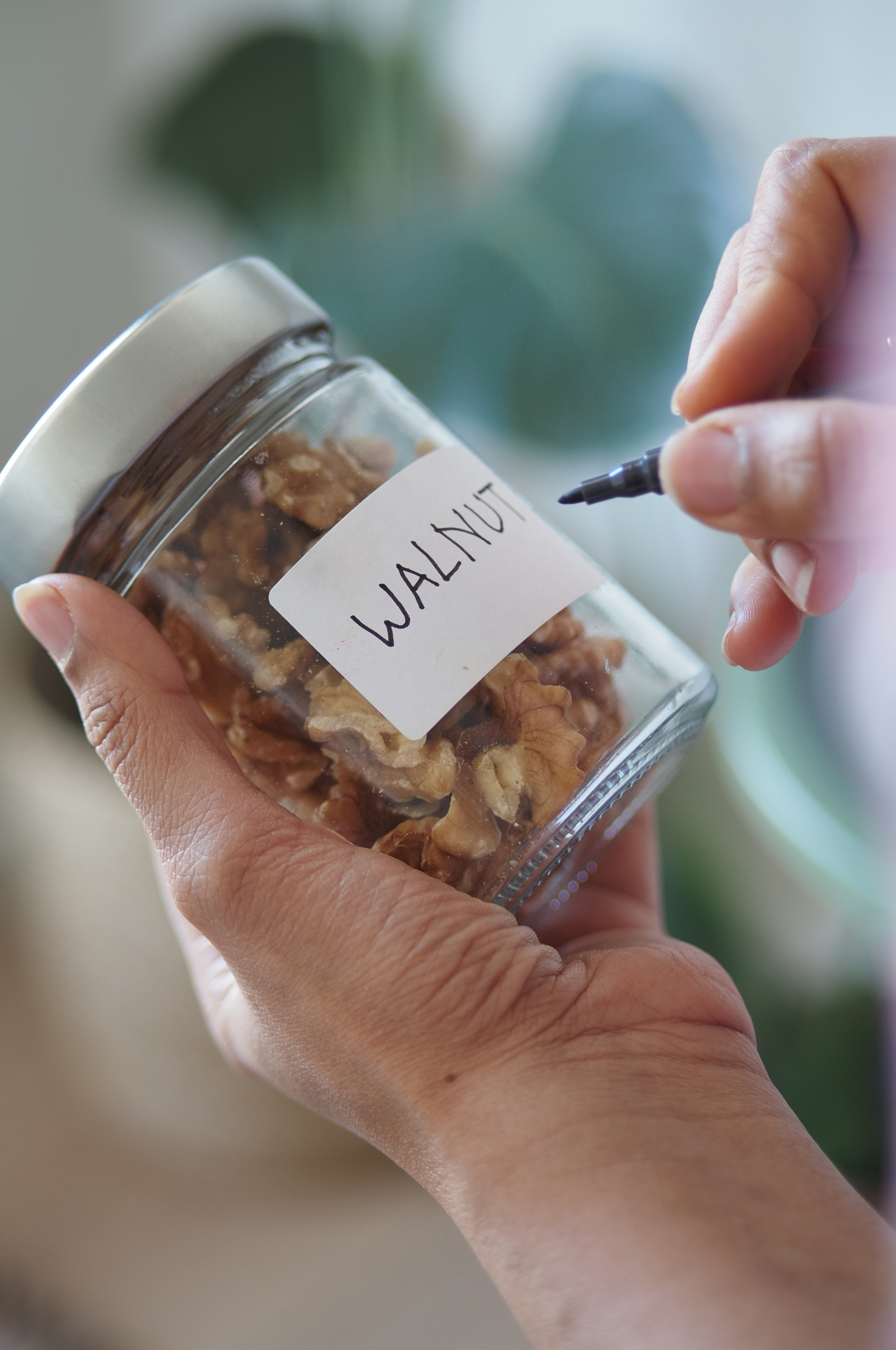 A person's hands hold a clear glass jar filled with walnuts and label it 'WALNUT' with a black marker. The background is a soft, blurred indoor setting with green foliage.