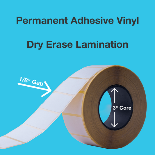 A roll of white permanent adhesive vinyl labels with a brown core, shown on a bright blue background with text reading 'Permanent Adhesive Vinyl Dry Erase Lamination' and arrows indicating a 1/8" gap and 3" core.