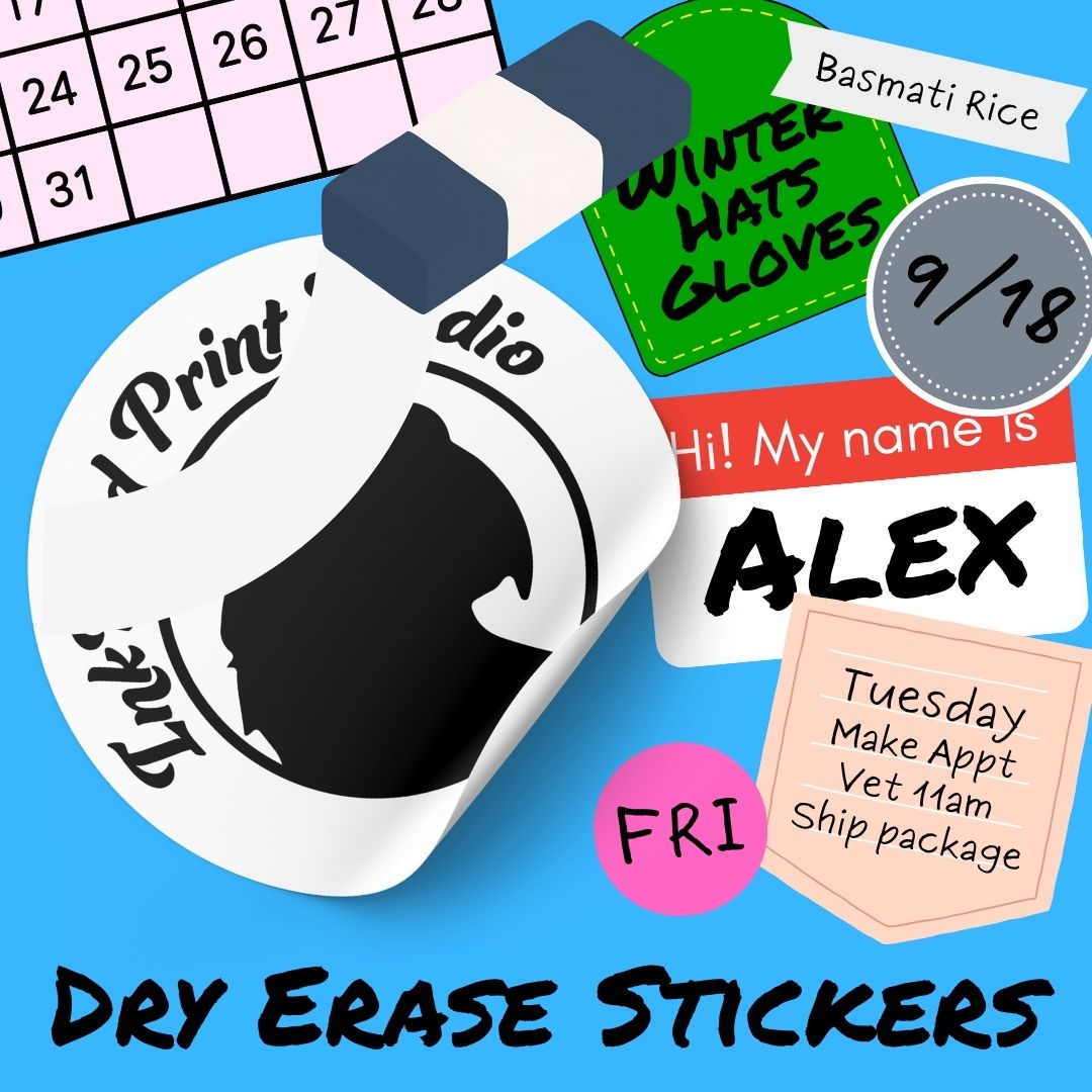 A set of contour cut dry erase stickers displayed on a bright blue background. The stickers include a white calendar sticker, a green winter hats gloves sticker, a gray date sticker, a red name sticker, and a peach weekly checklist sticker.