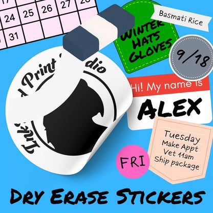 A set of contour cut dry erase stickers displayed on a bright blue background. The stickers include a white calendar sticker, a green winter hats gloves sticker, a gray date sticker, a red name sticker, and a peach weekly checklist sticker.