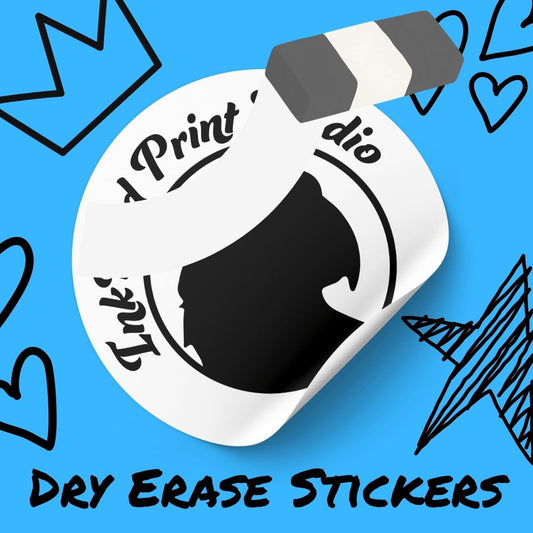 A white dry erase sticker with a black bird silhouette and partial text reading 'Ink Bird Print Studio,' because an eraser has gone through it to show that it is dry erase marker. Bright blue background with doodle-style icons and the words 'DRY ERASE STICKERS' at the bottom.