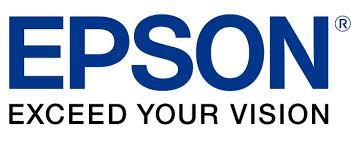 Vinyl adhesive Epson logo sticker, bold blue EPSON lettering above black EXCEED YOUR VISION tagline. Distinctive branding decal.