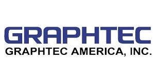 Graphtec America, Inc. vinyl decal logo in bold blue and black lettering on adhesive white background, ideal for device branding.