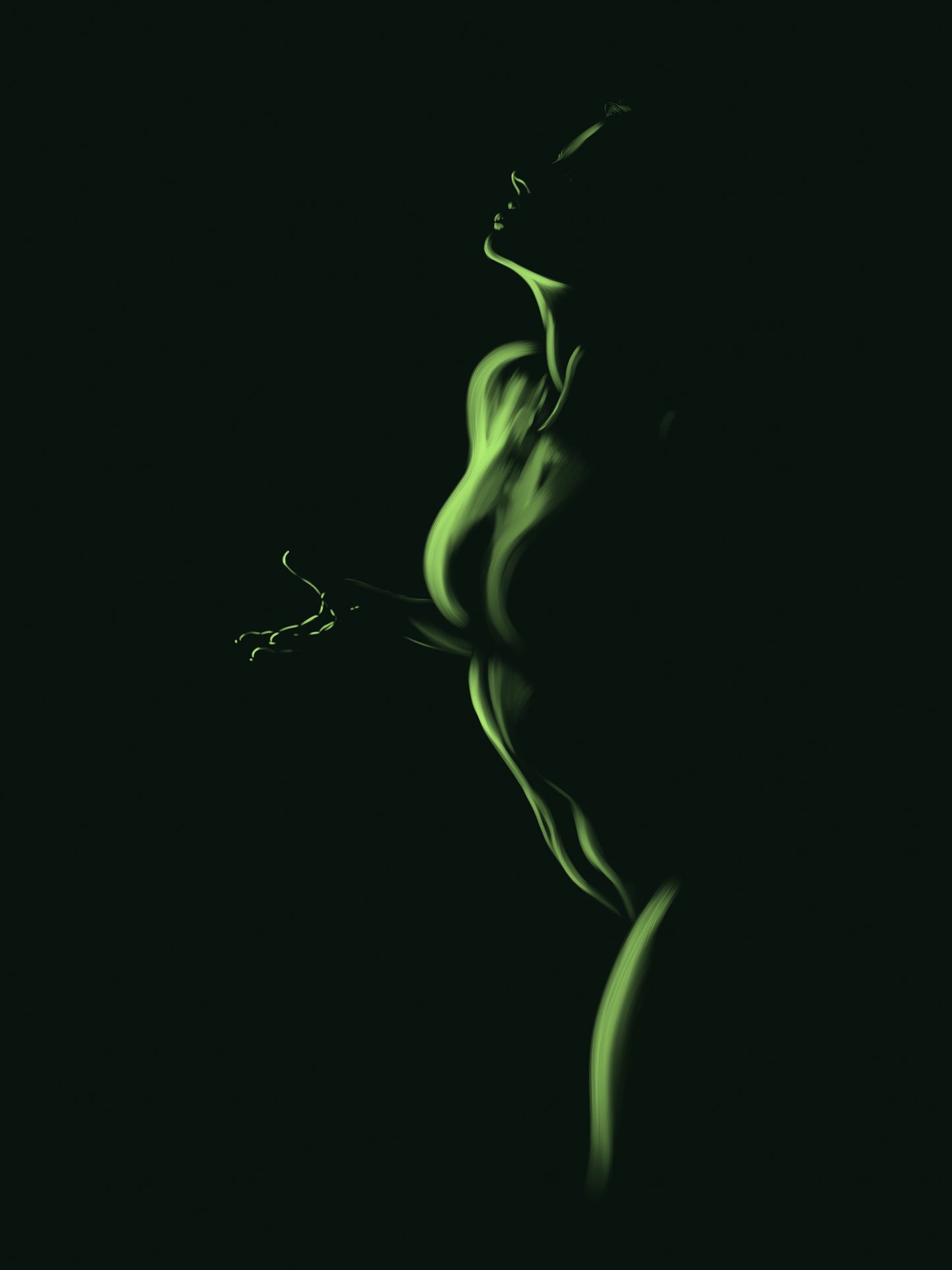Presenting "Emerald" by Chris Luberger, an artwork from InkBird Print Studio LLC. This digital painting captures the silhouette of a person in profile, beautifully highlighted with emerald green lighting that enhances their form against a dark background, achieving a dramatic and ethereal effect.