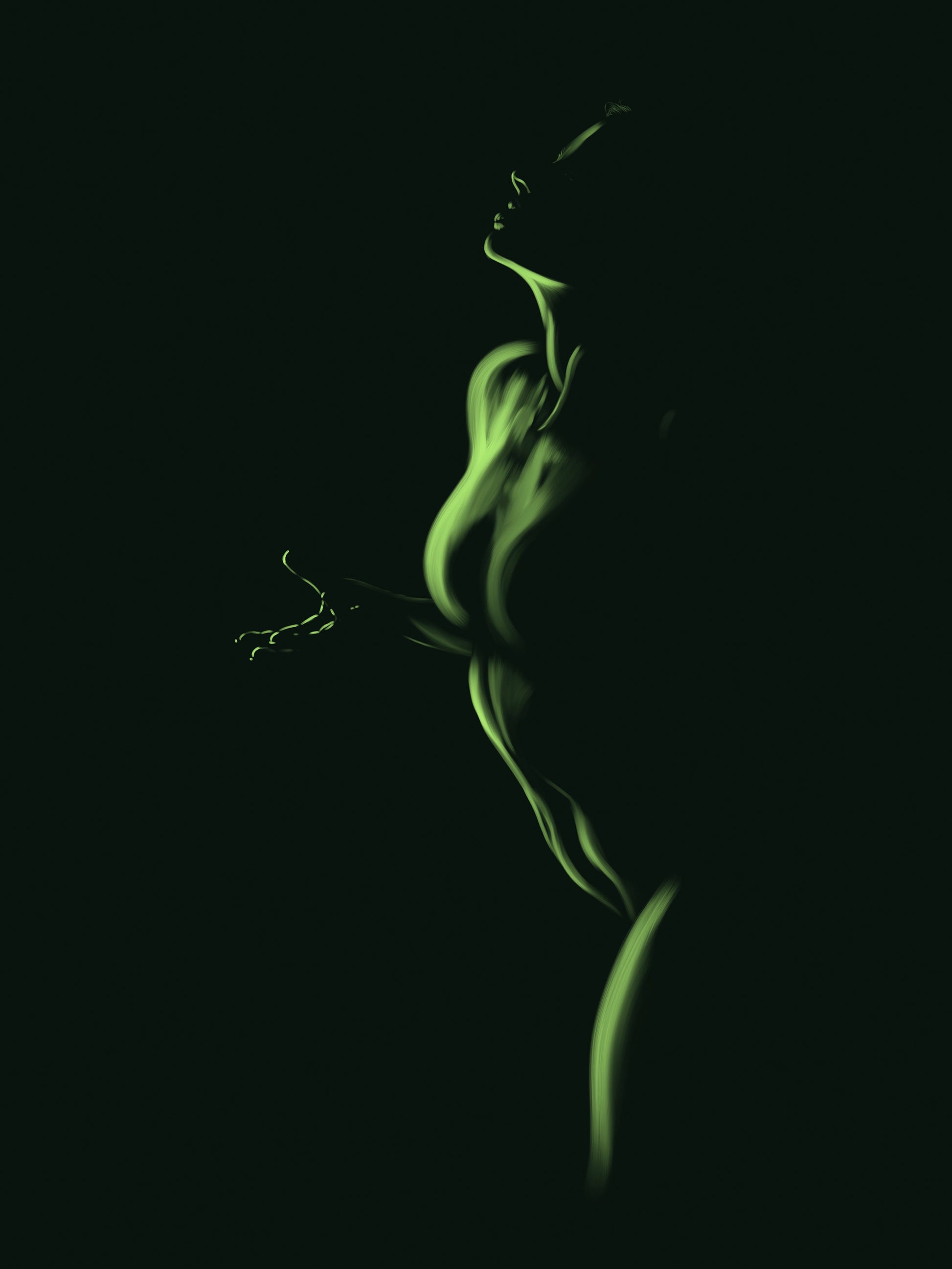 Presenting "Emerald" by Chris Luberger, an artwork from InkBird Print Studio LLC. This digital painting captures the silhouette of a person in profile, beautifully highlighted with emerald green lighting that enhances their form against a dark background, achieving a dramatic and ethereal effect.