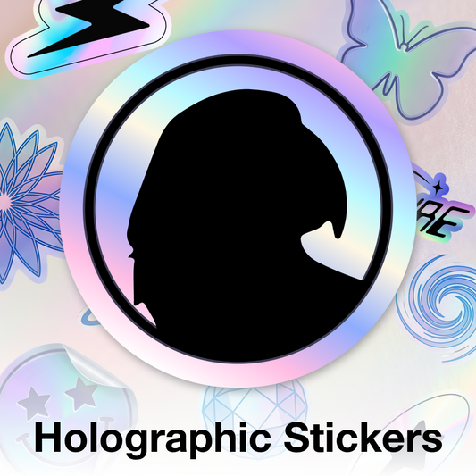 A set of holographic stickers displayed on a light background, featuring a central circular sticker with a black silhouette profile and the text 'Holographic Stickers' at the bottom.