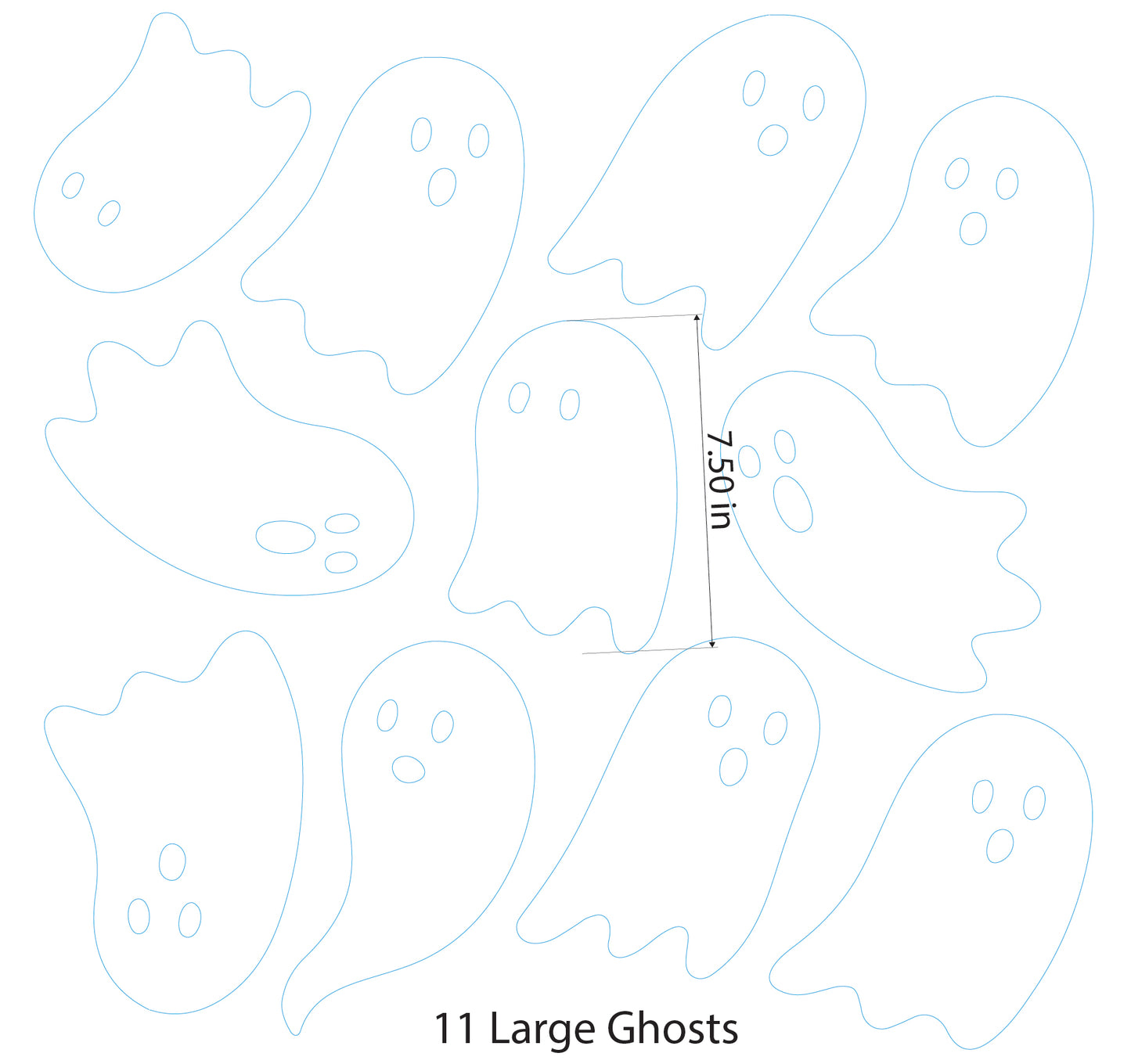 An image of 11 white ghosts, approximately 7.5" tall each