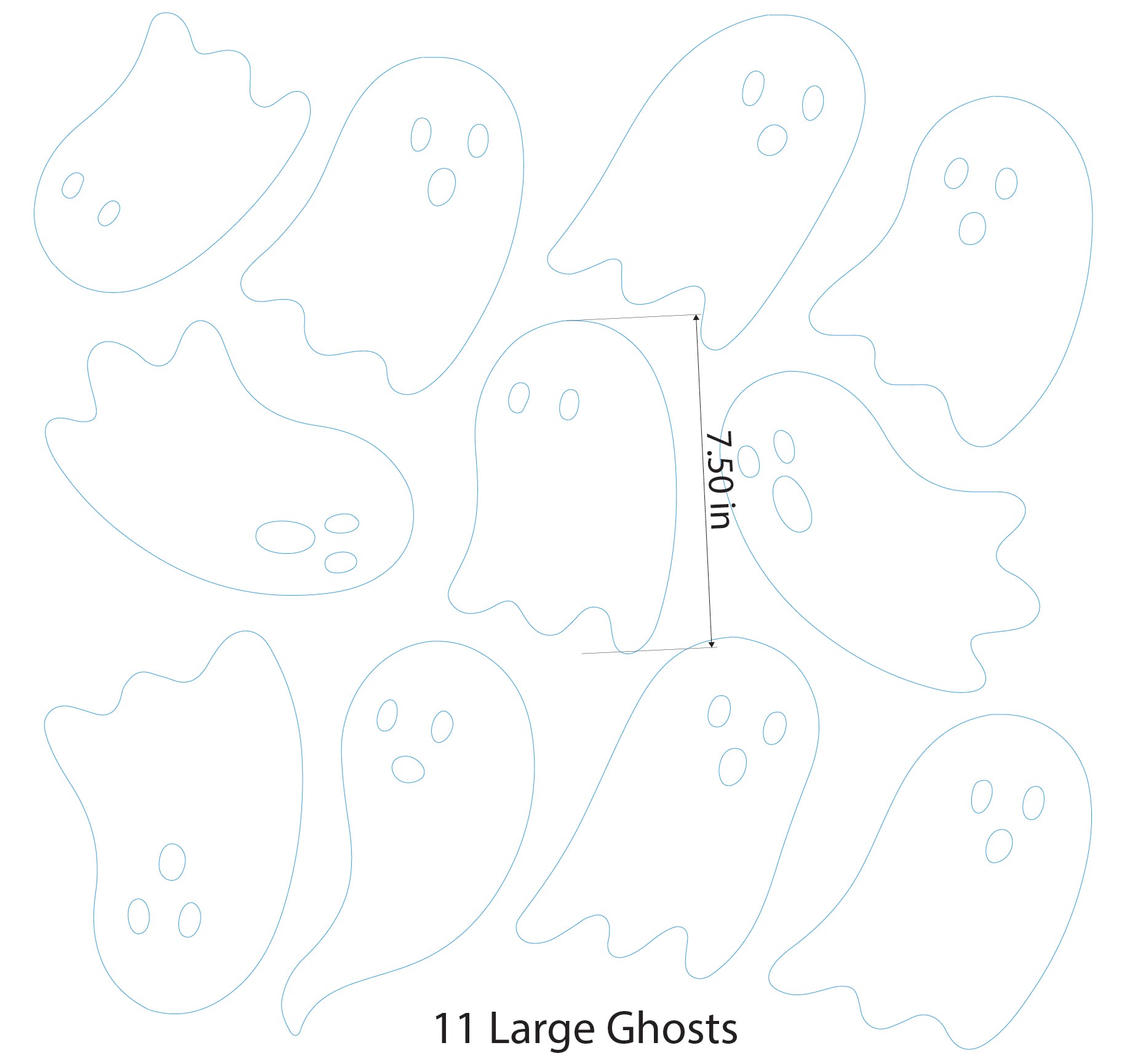 An image of 11 white ghosts, approximately 7.5" tall each