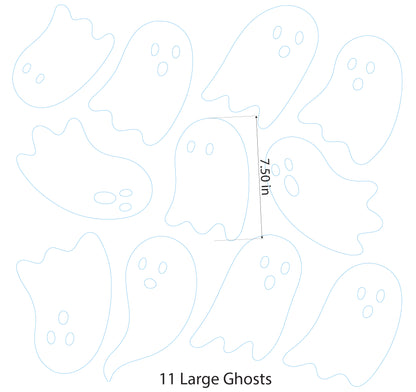 An image of 11 white ghosts, approximately 7.5" tall each