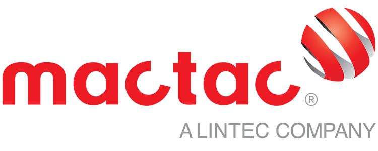 Mactac vinyl adhesive logo in bold red, with a unique red-silver striped sphere and A LINTEC COMPANY in gray underneath.