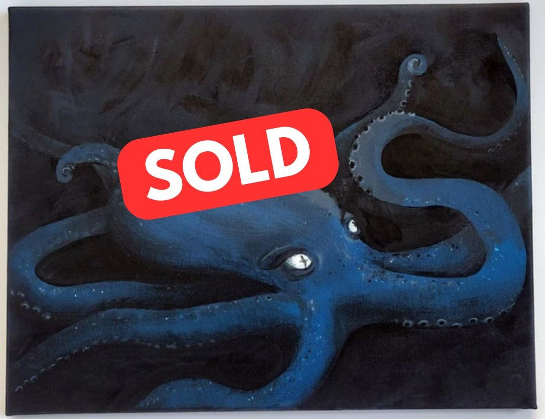 Octopus II, acrylic painting of a blue octopus by Claire Davis, with a SOLD tag on it. Sold at the 40 West Howard Open Studios on 4/19/25
