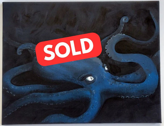 Octopus II, acrylic painting of a blue octopus by Claire Davis, with a SOLD tag on it. Sold at the 40 West Howard Open Studios on 4/19/25