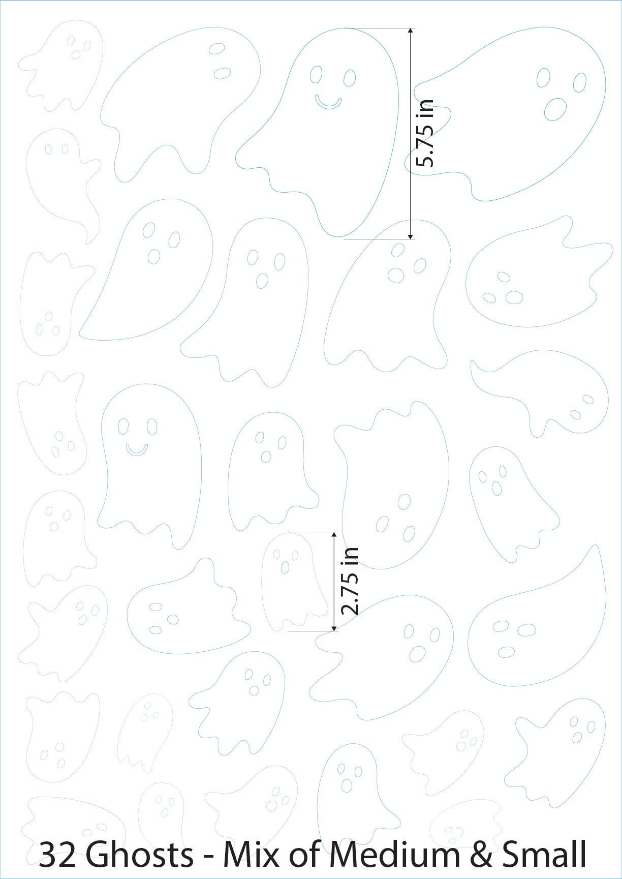 An image of 32 white ghosts, ranging from 2.7" to 5.7" tall