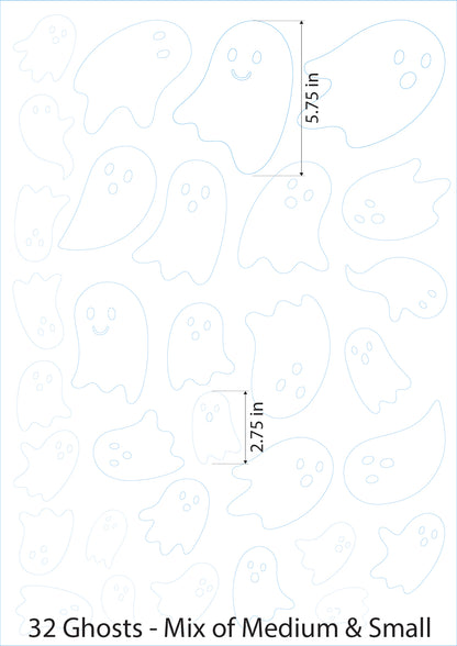 An image of 32 white ghosts, ranging from 2.7" to 5.7" tall