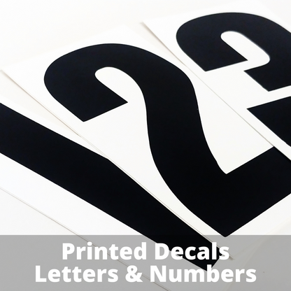Image displaying three rectangular decals. Each vinyl decal features black text on a plain white background with a clean, minimalistic design. The decals are of a printed '1,' '2,' and '3' shown in a straightforward and functional layout. Custom orders, fonts, and colors can be ordered by emailing hello@inkbirdprintstudio.com