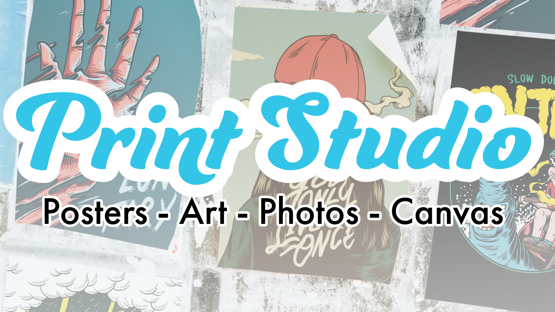 Text saying Print Studio - Posters, Art, Photos, Canvas, in front of posters on a wall. This app allows users to upload files and purchase prints. Made in Pontiac, MI!