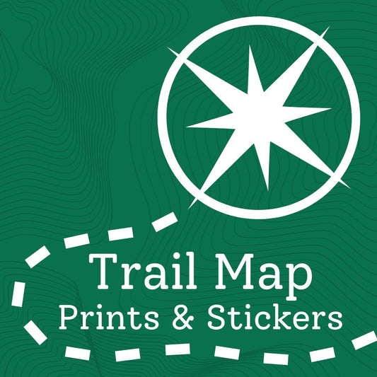 Green graphic with a white compass rose icon and the text 'Trail Map Prints & Stickers' on a topographic-style green background.