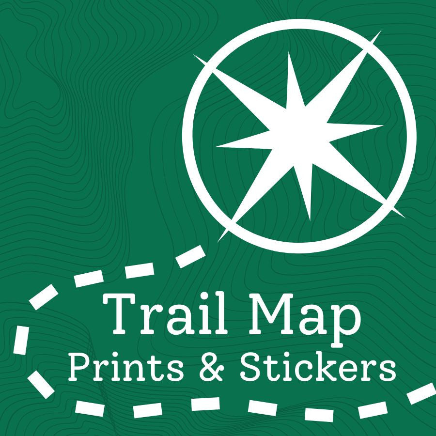 Green graphic with a white compass rose icon and the text 'Trail Map Prints & Stickers' on a topographic-style green background.