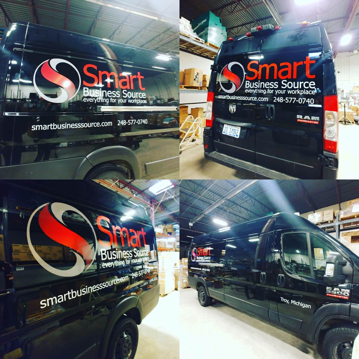 Sample image of a vehicle graphic install by InkBird Print Studio for Smart Business Source in Troy Michigan. Black Van with red, white, and gradient logo and text.