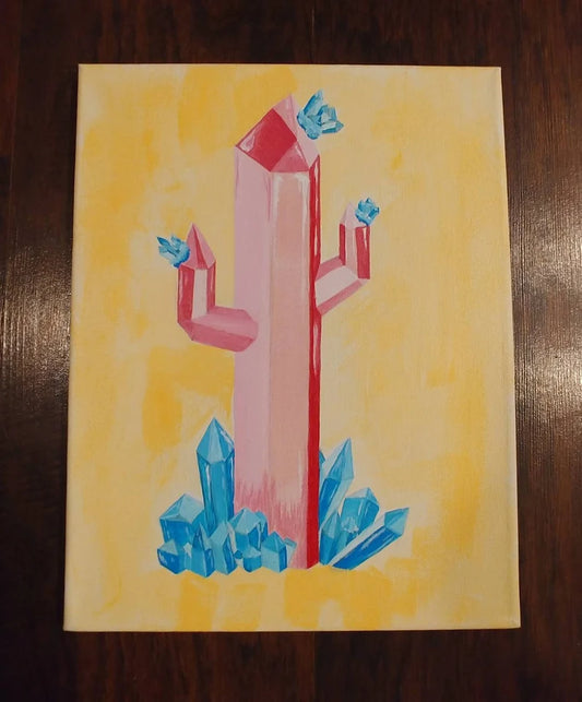 The "Crystal Cactus II" by Claire Davis, an 11"x14" acrylic painting available from InkBird Print Studio LLC, features a tall pink crystal cactus with smaller formations branching out against a yellow background, and a stunning contrast is created by clusters of blue crystal flowers at its base.