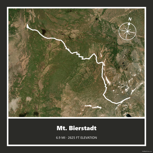 A satellite-style map graphic of Mt. Bierstadt with a white outlined route or boundary, a compass rose, and the name of the trail, distance, and elevation