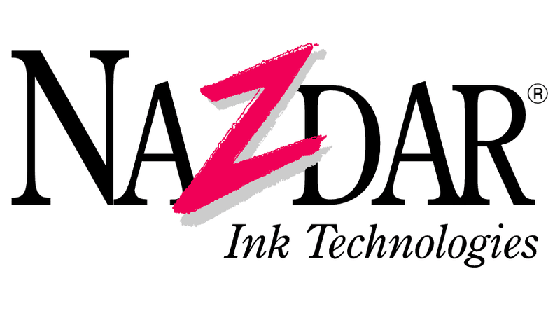 Nazdar Ink Technologies vinyl decal, black serif text with a bold pink Z, cursive “Ink Technologies” below; multi-layer adhesive.