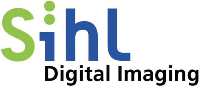 Sihl vinyl logo sticker with custom green-dotted S, blue ihl, and “Digital Imaging” in black text; adhesive backing visible.