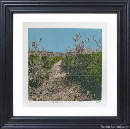 The original Daylight version of "Picture Rock Trail, Colorado", a 6 color handpulled screenprint by InkBird Print Studio. Shown here mocked up in a black frame (not included)