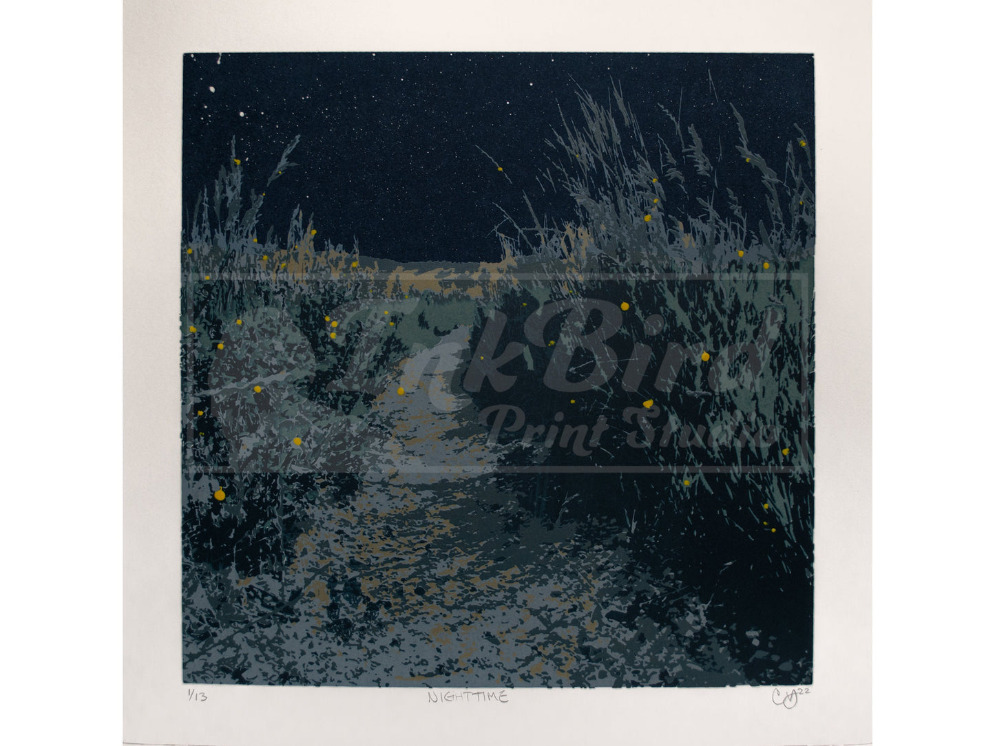 A hand-pulled, six-color screen print from InkBird Print Studio LLC, titled "Nighttime (Picture Rock Trail)".  This print has hand-painted stars and fireflies that are different on each print. 