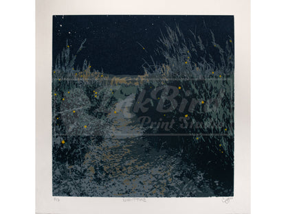 A hand-pulled, six-color screen print from InkBird Print Studio LLC, titled "Nighttime (Picture Rock Trail)".  This print has hand-painted stars and fireflies that are different on each print. 