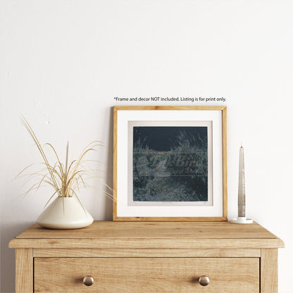 A wooden dresser showcases this hand-pulled, six-color screen print from InkBird Print Studio LLC, titled "Nighttime (Picture Rock Trail)".  This print has handpainted stars and fireflies that are different on each print. Please note that text above the frame mentions it is not included in the listing.