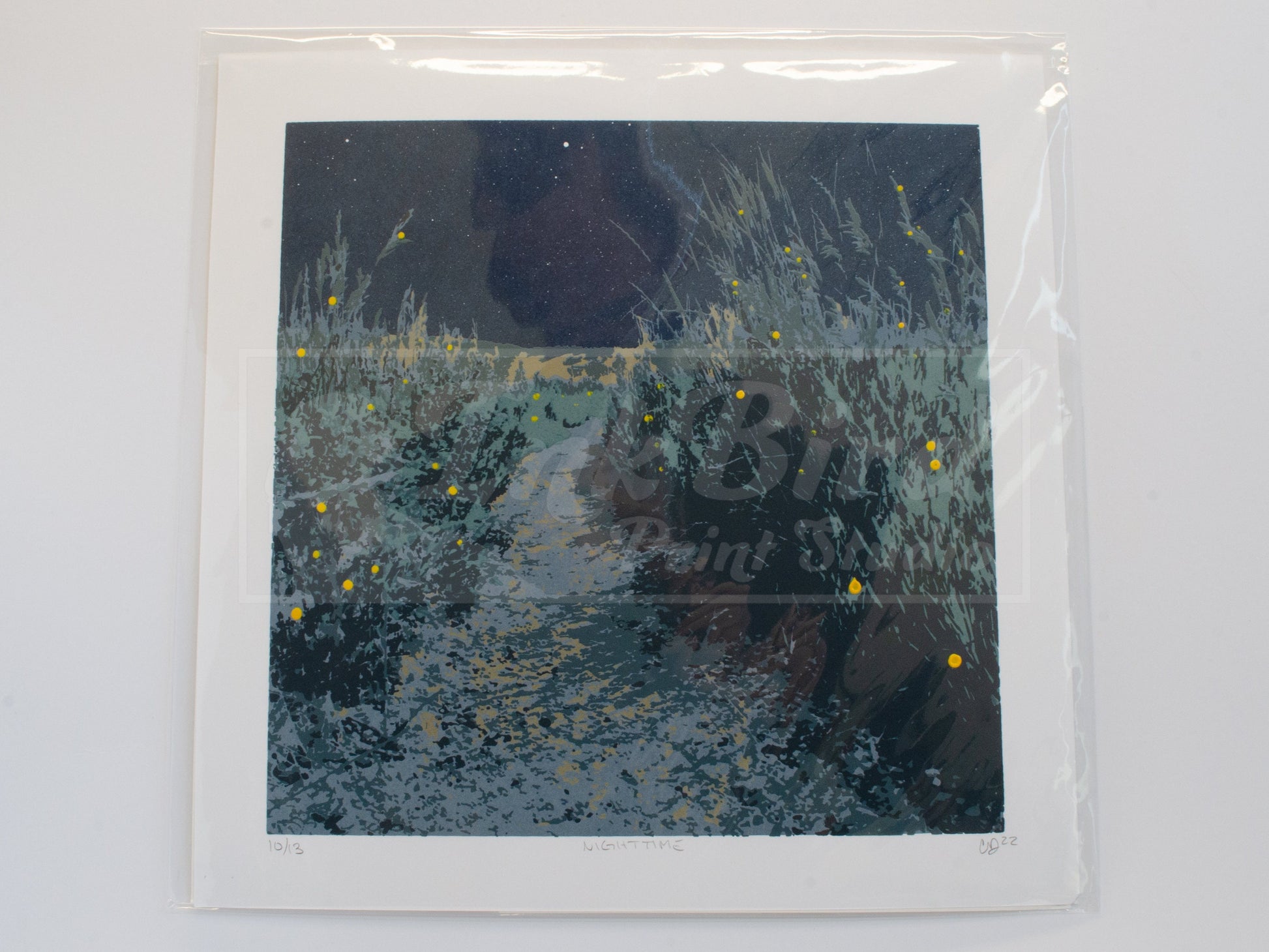 A hand-pulled, six-color screen print from InkBird Print Studio LLC, titled "Nighttime (Picture Rock Trail)" inside of a cellophane sleve.  This print has handpainted stars and fireflies that are different on each print. 